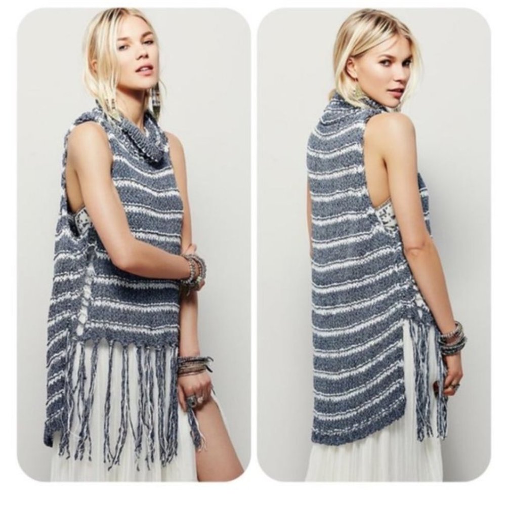 Free People Folksong Fringe Knit Crochet Vest Sweater/tunic NWOT Size M